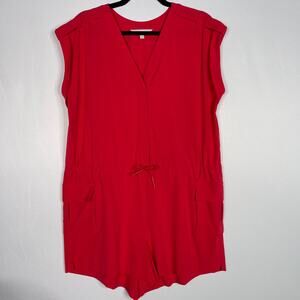 Athleta 12 Hibiscus Red Sutton Romper V Neck Cinch Waist Pockets Short Sleeve